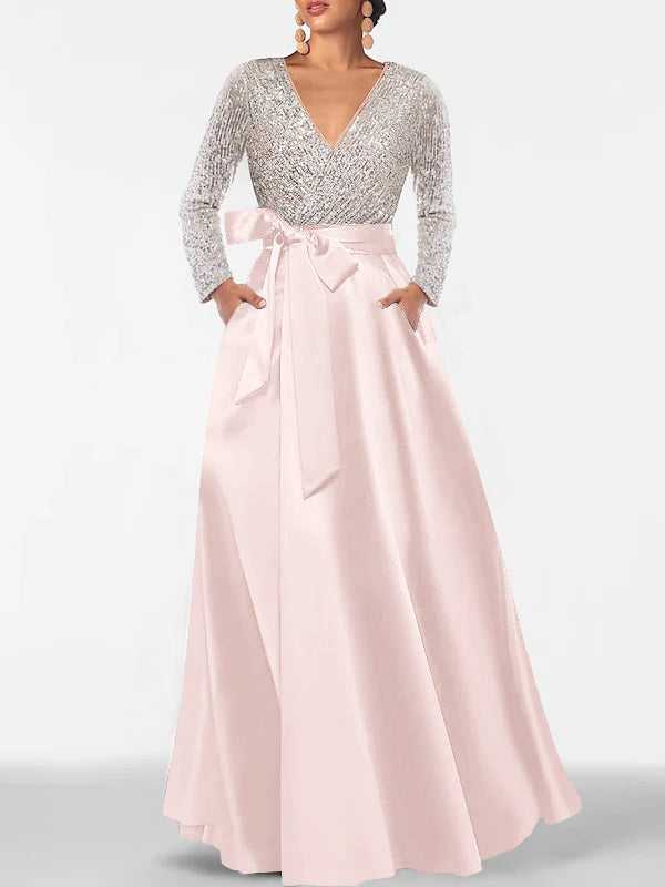A-Line/Princess Evening Dresses V-Neck Long Sleeves Floor-Length Formal Gown With Pocket & Sequins