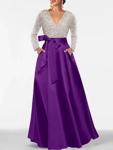 A-Line/Princess Evening Dresses V-Neck Long Sleeves Floor-Length Formal Gown With Pocket & Sequins