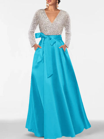A-Line/Princess Evening Dresses V-Neck Long Sleeves Floor-Length Formal Gown With Pocket & Sequins