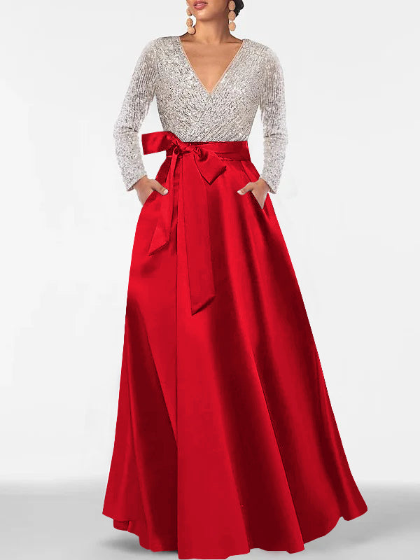 A-Line/Princess Evening Dresses V-Neck Long Sleeves Floor-Length Formal Gown With Pocket & Sequins
