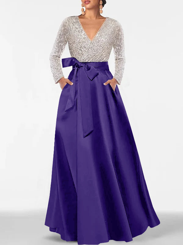 A-Line/Princess Evening Dresses V-Neck Long Sleeves Floor-Length Formal Gown With Pocket & Sequins