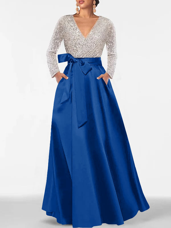 A-Line/Princess Evening Dresses V-Neck Long Sleeves Floor-Length Formal Gown With Pocket & Sequins