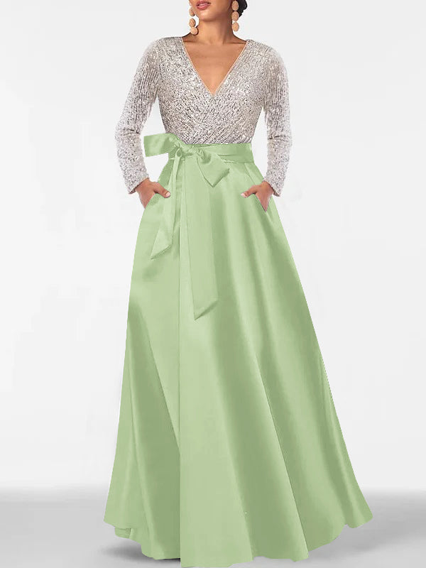 A-Line/Princess Evening Dresses V-Neck Long Sleeves Floor-Length Formal Gown With Pocket & Sequins