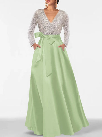 A-Line/Princess Evening Dresses V-Neck Long Sleeves Floor-Length Formal Gown With Pocket & Sequins