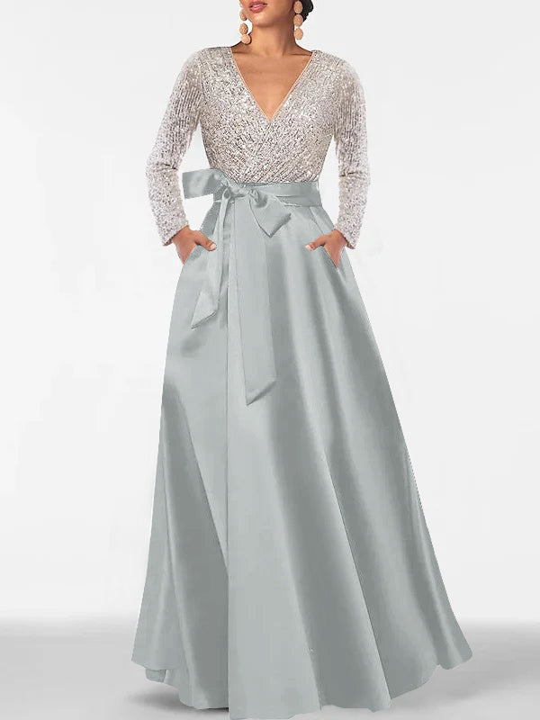 A-Line/Princess Evening Dresses V-Neck Long Sleeves Floor-Length Formal Gown With Pocket & Sequins