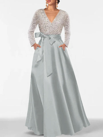 A-Line/Princess Evening Dresses V-Neck Long Sleeves Floor-Length Formal Gown With Pocket & Sequins