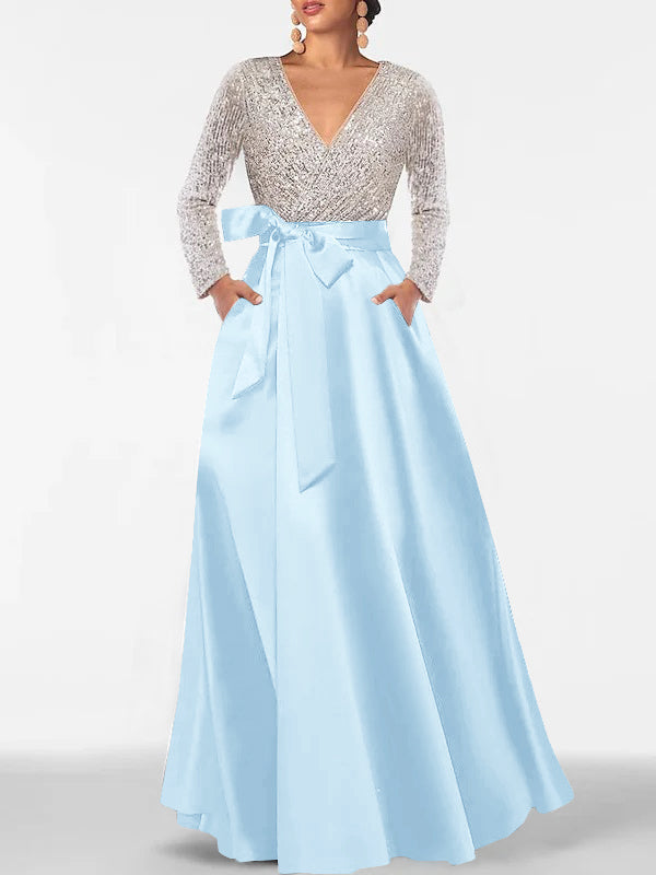 A-Line/Princess Evening Dresses V-Neck Long Sleeves Floor-Length Formal Gown With Pocket & Sequins