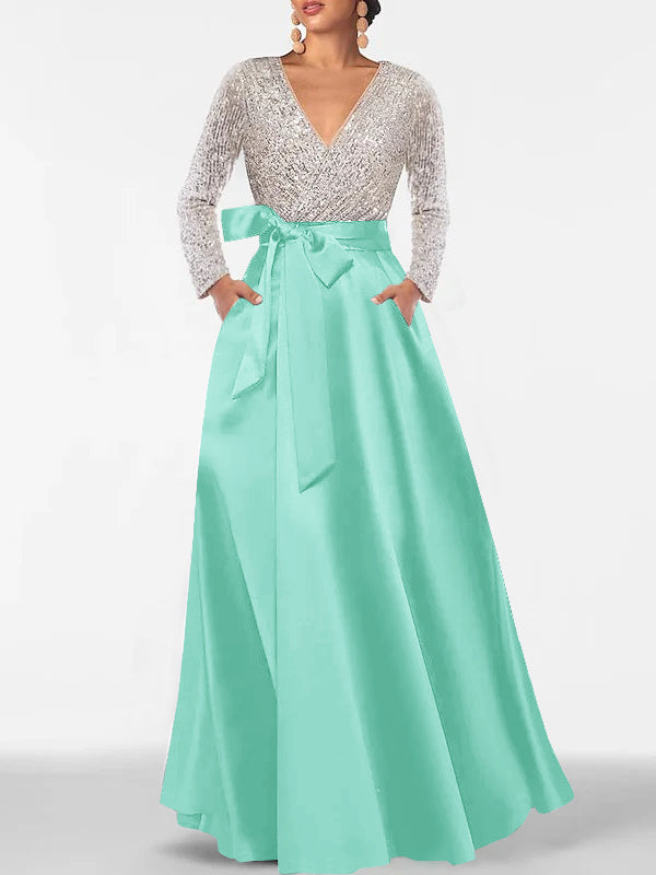 A-Line/Princess Evening Dresses V-Neck Long Sleeves Floor-Length Formal Gown With Pocket & Sequins