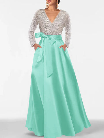 A-Line/Princess Evening Dresses V-Neck Long Sleeves Floor-Length Formal Gown With Pocket & Sequins