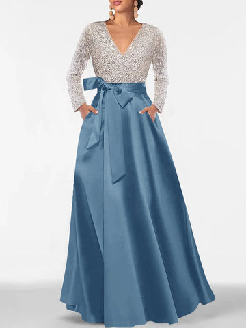 A-Line/Princess Evening Dresses V-Neck Long Sleeves Floor-Length Formal Gown With Pocket & Sequins