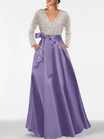 A-Line/Princess Evening Dresses V-Neck Long Sleeves Floor-Length Formal Gown With Pocket & Sequins