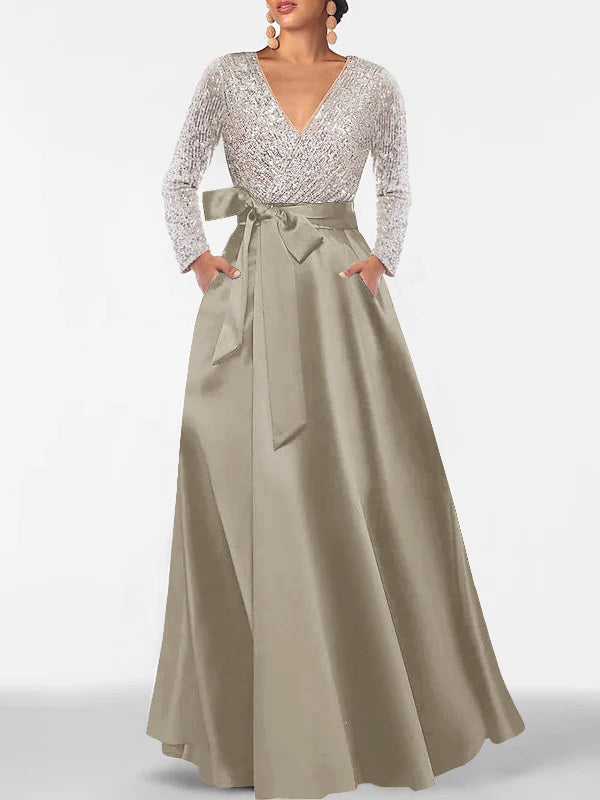 A-Line/Princess Evening Dresses V-Neck Long Sleeves Floor-Length Formal Gown With Pocket & Sequins