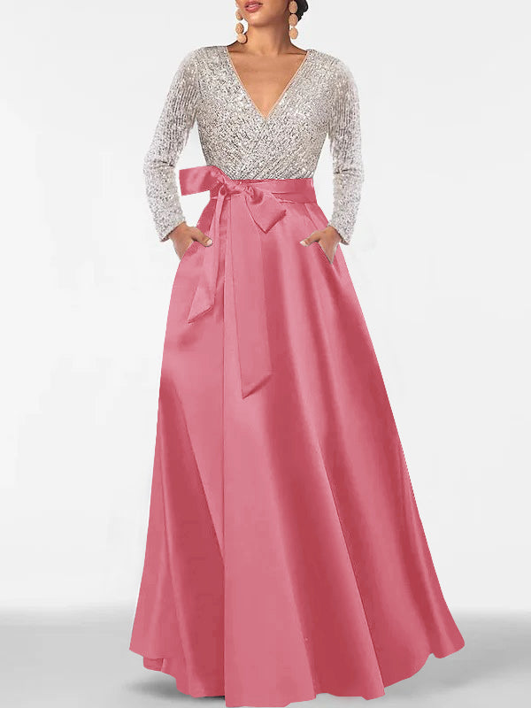 A-Line/Princess Evening Dresses V-Neck Long Sleeves Floor-Length Formal Gown With Pocket & Sequins