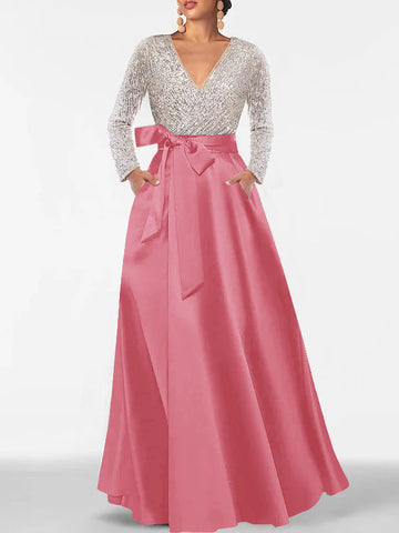 A-Line/Princess Evening Dresses V-Neck Long Sleeves Floor-Length Formal Gown With Pocket & Sequins