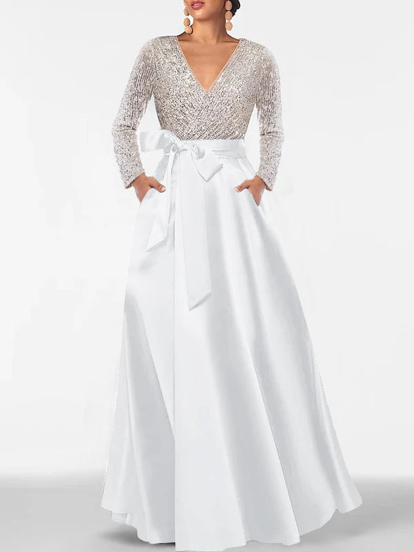 A-Line/Princess Evening Dresses V-Neck Long Sleeves Floor-Length Formal Gown With Pocket & Sequins
