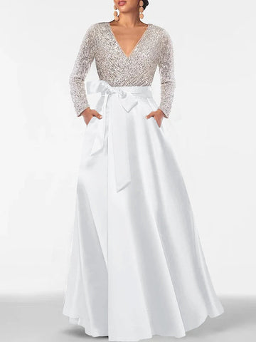 A-Line/Princess Evening Dresses V-Neck Long Sleeves Floor-Length Formal Gown With Pocket & Sequins
