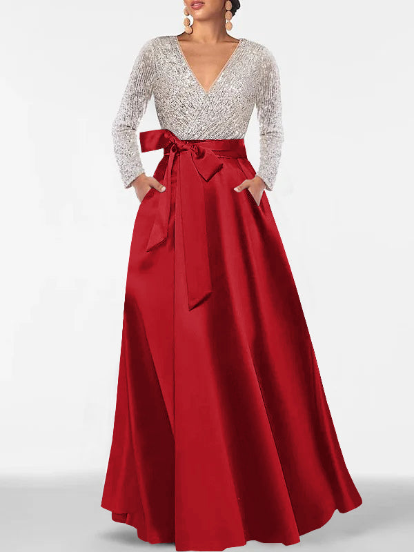 A-Line/Princess Evening Dresses V-Neck Long Sleeves Floor-Length Formal Gown With Pocket & Sequins