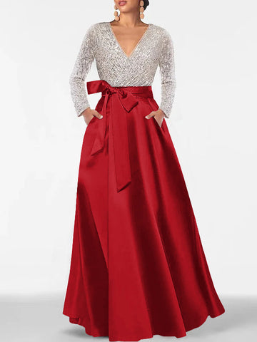 A-Line/Princess Evening Dresses V-Neck Long Sleeves Floor-Length Formal Gown With Pocket & Sequins