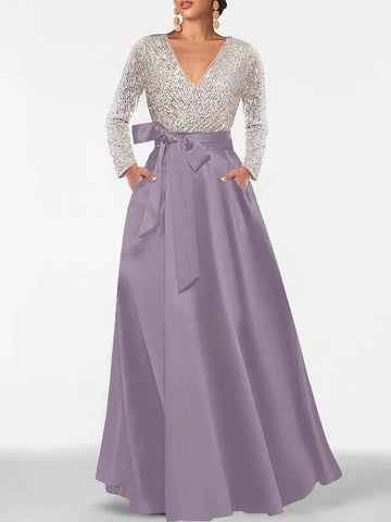 A-Line/Princess Evening Dresses V-Neck Long Sleeves Floor-Length Formal Gown With Pocket & Sequins