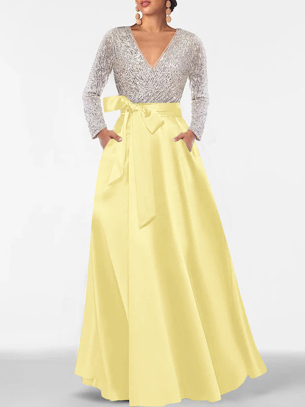 A-Line/Princess Evening Dresses V-Neck Long Sleeves Floor-Length Formal Gown With Pocket & Sequins