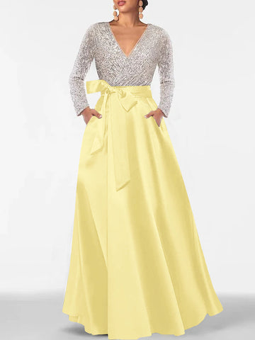 A-Line/Princess Evening Dresses V-Neck Long Sleeves Floor-Length Formal Gown With Pocket & Sequins