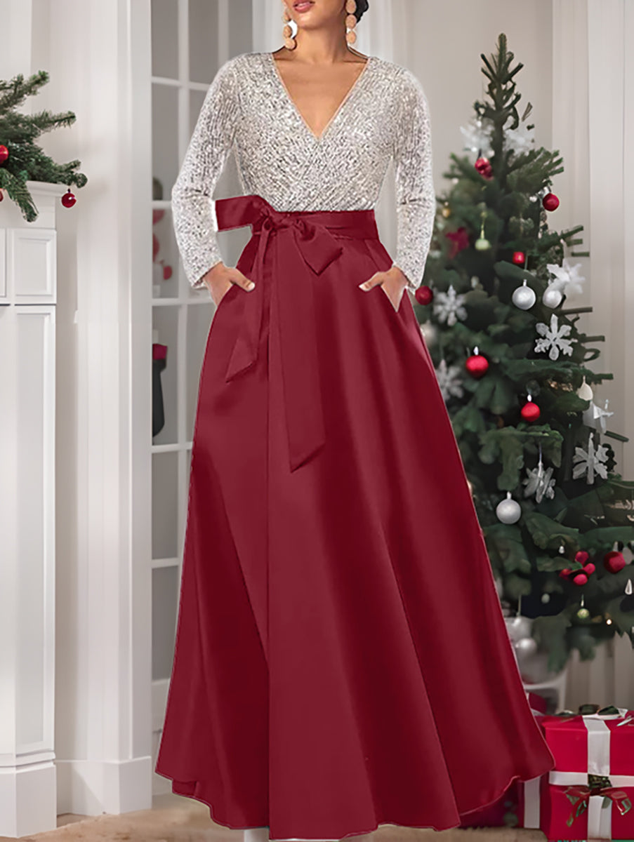 A-Line/Princess Evening Dresses V-Neck Long Sleeves Floor-Length Formal Gown With Pocket & Sequins