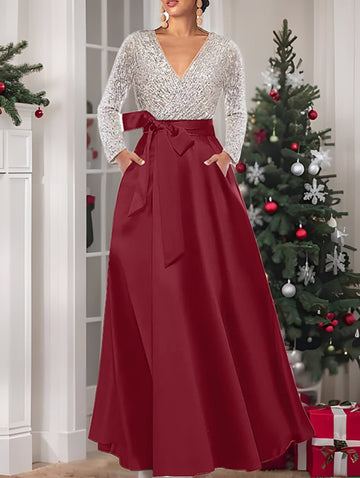 A-Line/Princess Evening Dresses V-Neck Long Sleeves Floor-Length Formal Gown With Pocket & Sequins