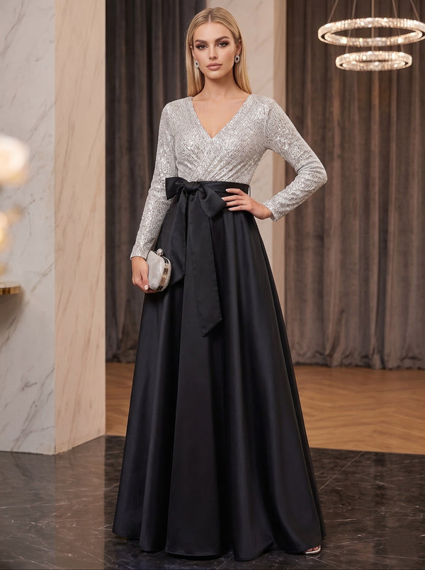 A-Line/Princess Evening Dresses V-Neck Long Sleeves Floor-Length Formal Gown With Pocket & Sequins