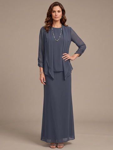 3 Piece Dress Set Sheath/Column Scoop Neck Long Sleeves Floor-Length Mother of the Bride Dresses with Jacket
