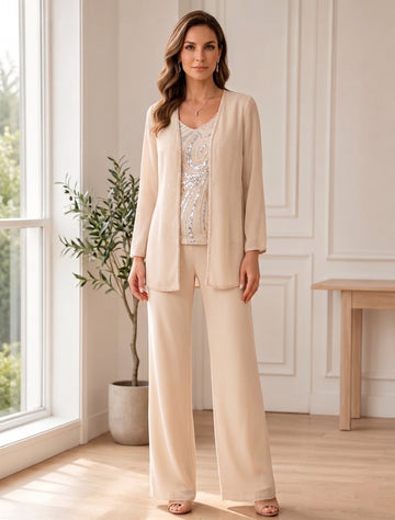 Chiffon V-Neck Floor-Length 3 Pieces Mother of the Bride Pantsuits with Jacket & Sequins Beading