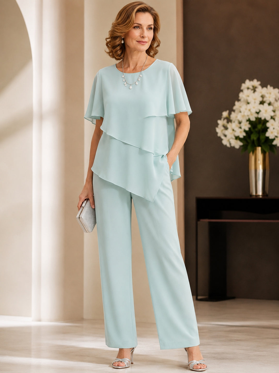 Mint Green Pantsuit 2 Piece Jewel Neck Floor-Length Mother Of The Bride Dresses