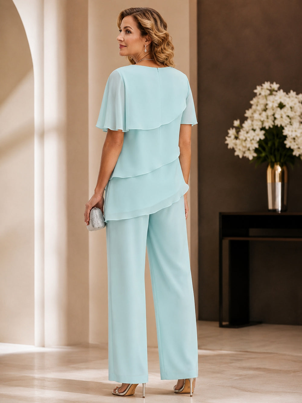 chiffon mother of the bride pant suit with ruffles