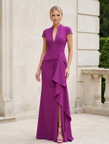 Sheath/Column V-Neck Short Sleeves Floor-Length Mother of the Bride Dresses with Split Side
