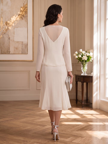 Chiffon 2 Pieces V-Neck Knee-Length Mother of the Bride Dresses with Jacket & Sequins Beading