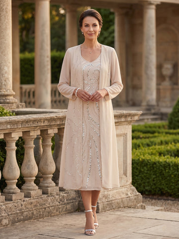 Sheath/Column V-Neck Long Sleeves Tea-Length Mother of the Bride Dresses with Jacket & Sequins Beading