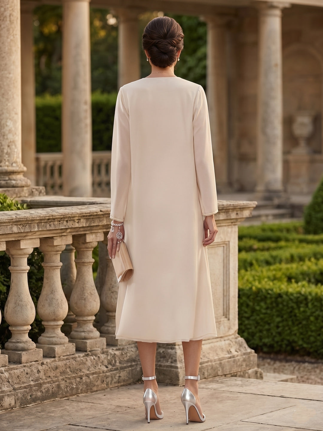 Sheath/Column V-Neck Long Sleeves Tea-Length Mother of the Bride Dresses with Jacket & Sequins Beading