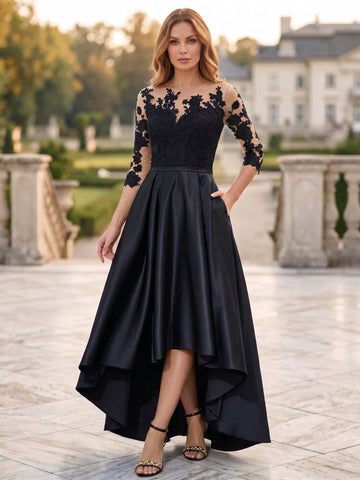A-Line/Princess Illusion-Neck Asymmetrical Tea Length Tea-Length Mother of the Bride Dresses