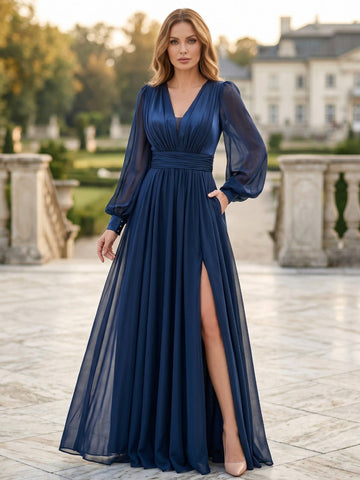 A-Line/Princess V-Neck Long Sleeves Floor-Length Mother of the Bride Dresses with Ruffles