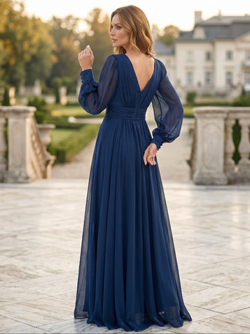 A-Line/Princess V-Neck Long Sleeves Floor-Length Mother of the Bride Dresses with Ruffles
