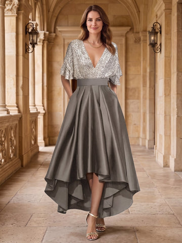 A-Line/Princess V-Neck Half Sleeves Asymmetrical Mother of the Bride Dresses