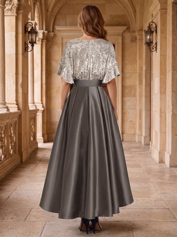 A-Line/Princess V-Neck Half Sleeves Asymmetrical Mother of the Bride Dresses