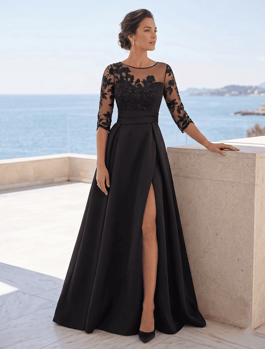 A-Line/Princess Sweetheart 3/4 Sleeves Floor-Length Black Mother Of The Bride Dresses With Lace & Split Side