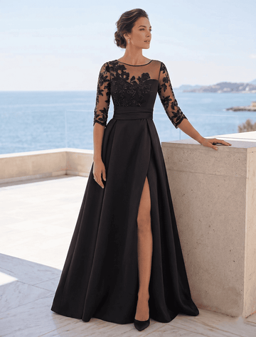 A-Line/Princess Sweetheart 3/4 Sleeves Floor-Length Black Mother Of The Bride Dresses With Lace & Split Side