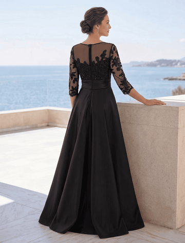A-Line/Princess Sweetheart 3/4 Sleeves Floor-Length Black Mother Of The Bride Dresses With Lace & Split Side