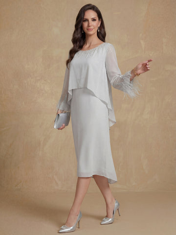 Sheath/Column Long Sleeves Round Neck Tea-Length Mother of the Bride Dresses with Tassels