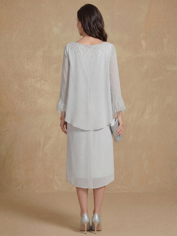 Sheath/Column Long Sleeves Round Neck Tea-Length Mother of the Bride Dresses with Tassels
