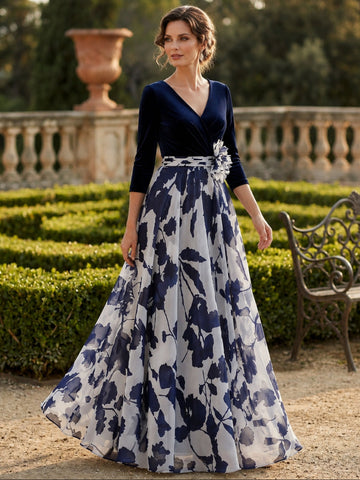 A Line/Princess V Neck 3/4 Sleeves Floral Mother of the Bride Dresses