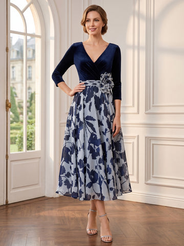 A Line/Princess V Neck 3/4 Sleeves Ankle Length Floral Mother of the Bride Dresses