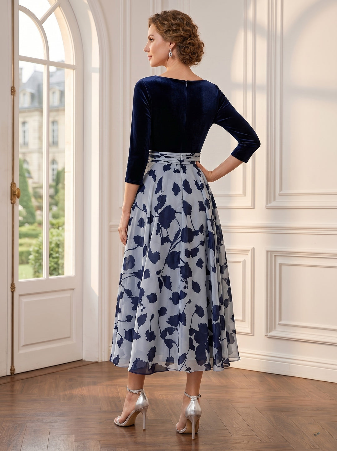 A Line/Princess V Neck 3/4 Sleeves Ankle Length Floral Mother of the Bride Dresses