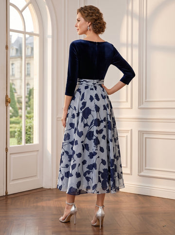 A Line/Princess V Neck 3/4 Sleeves Ankle Length Floral Mother of the Bride Dresses